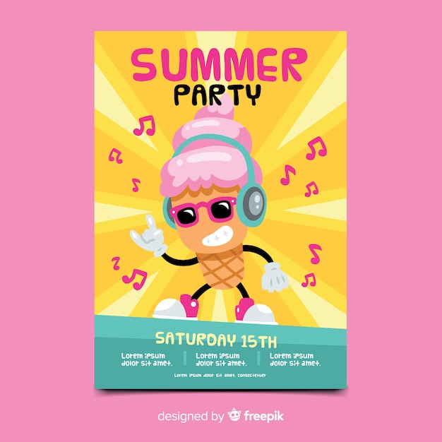 Plantilla de póster de fiesta de verano en diseño plano