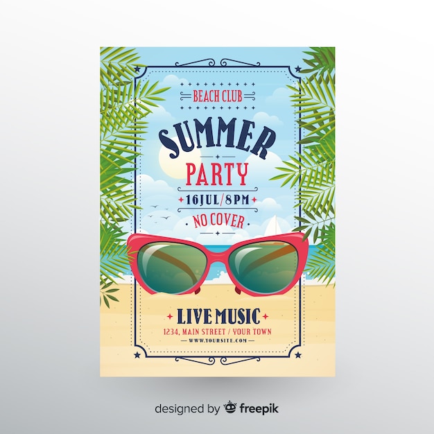 Vector gratuito plantilla de póster de fiesta de verano en diseño plano