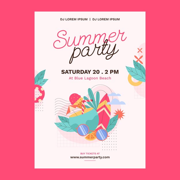 Plantilla de poster de fiesta de verano en diseño plano