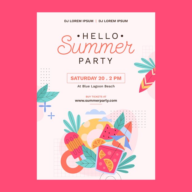 Plantilla de poster de fiesta de verano en diseño plano