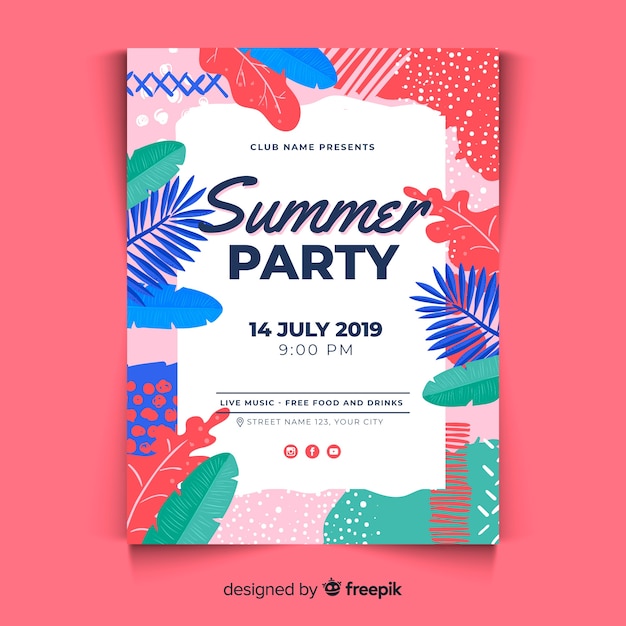 Plantilla de póster de fiesta de verano en diseño plano