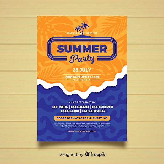 Vector gratuito plantilla de póster de fiesta de verano en estilo plano
