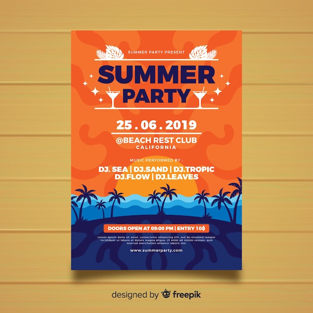 Vector gratuito plantilla de póster de fiesta de verano en estilo plano