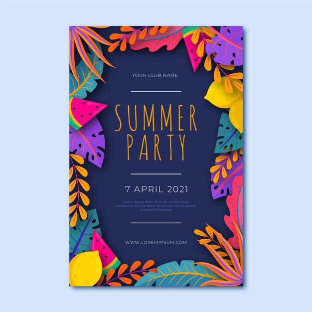 Plantilla de póster de fiesta de verano con hojas coloridas