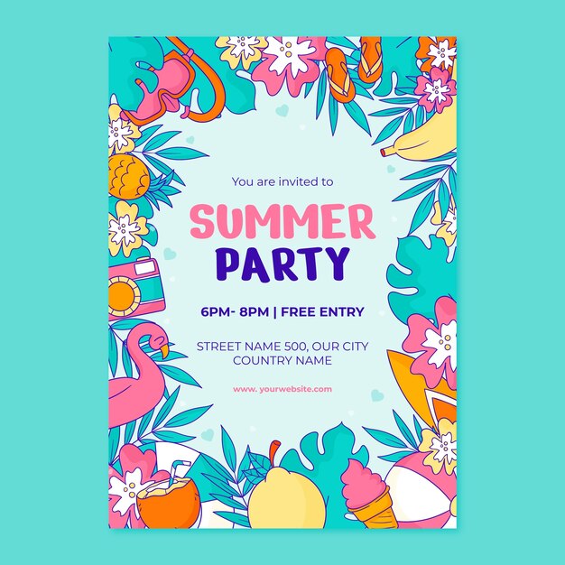 Plantilla de póster de fiesta vertical dibujada a mano para el verano