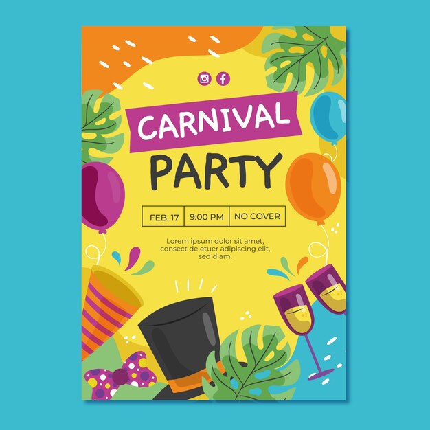 Plantilla de póster de fiesta vertical plana para celebración de carnaval