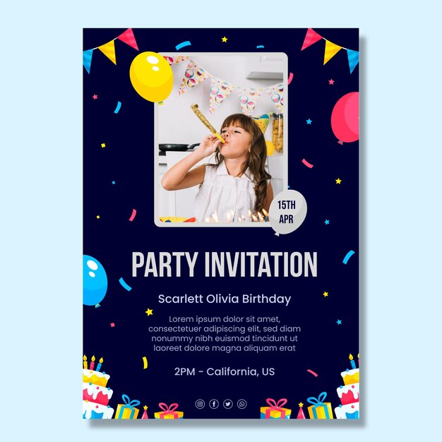 Plantilla de póster de invitación de cumpleaños para niños