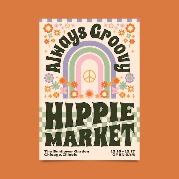 Vector gratuito plantilla de póster de mercado hippie dibujado a mano