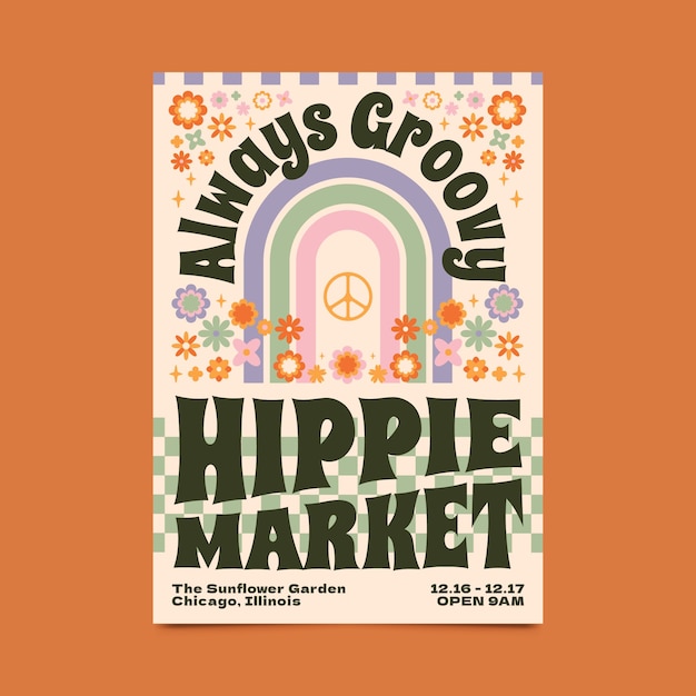 Plantilla de póster de mercado hippie dibujado a mano