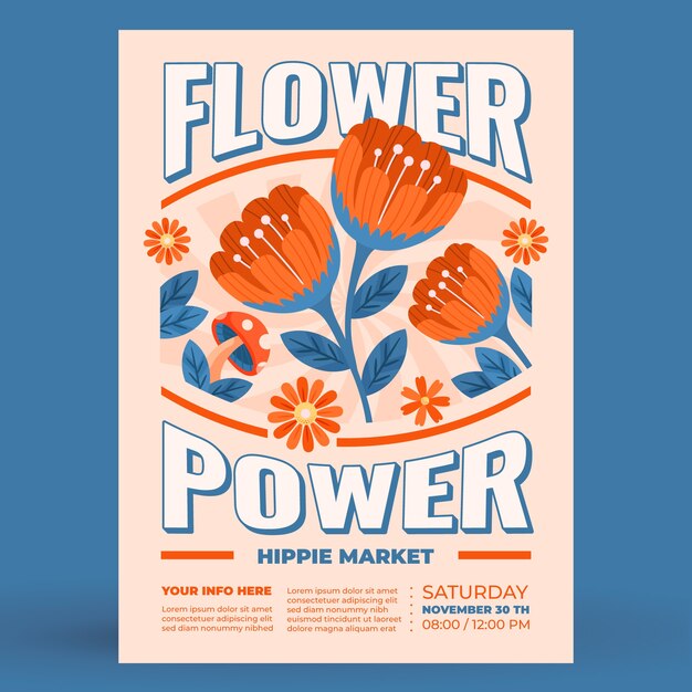 Plantilla de póster de mercado hippie de diseño plano