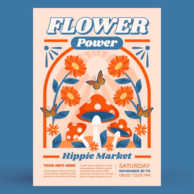 Plantilla de póster de mercado hippie de diseño plano