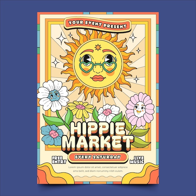 Plantilla de póster de mercado hippie de diseño plano