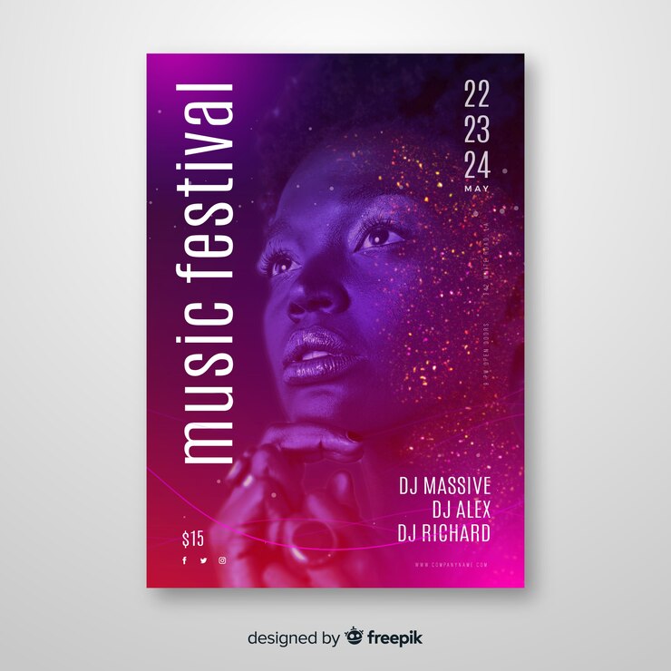 Vector gratuito plantilla de póster de música colorido abstracto con foto