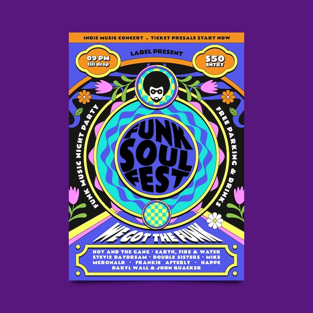 Plantilla de póster de música funk y soul dibujada a mano