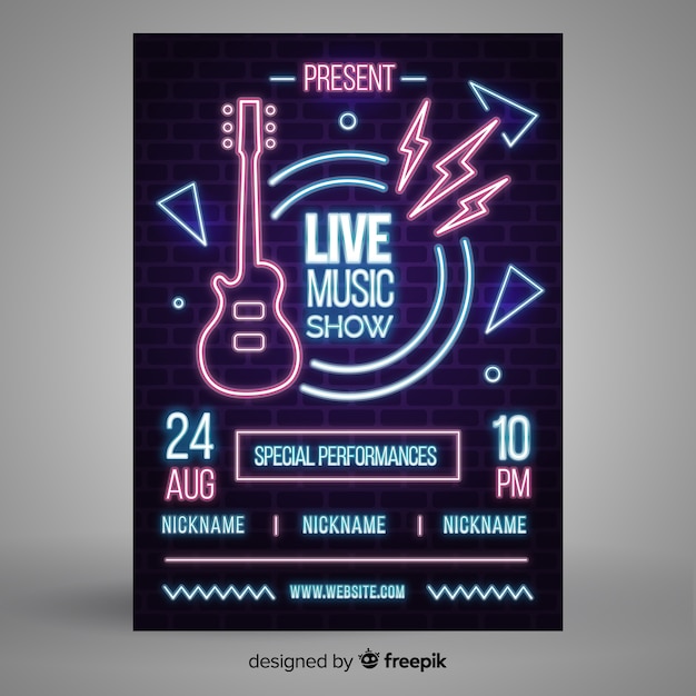 Vector gratuito plantilla de poster de música con luces de neón