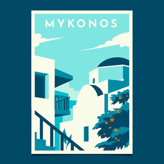 Plantilla de póster de mykonos de diseño plano