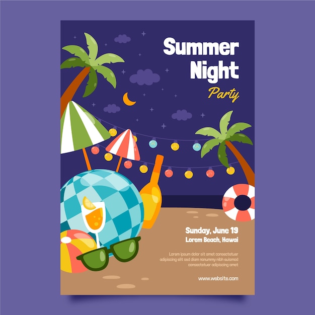 Vector gratuito plantilla de póster de noche de verano dibujada a mano