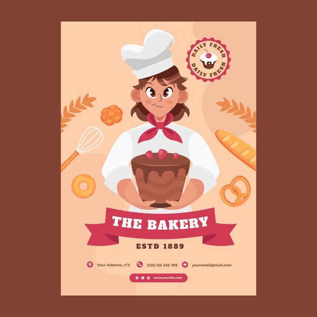 Plantilla de póster de panadería dibujada a mano