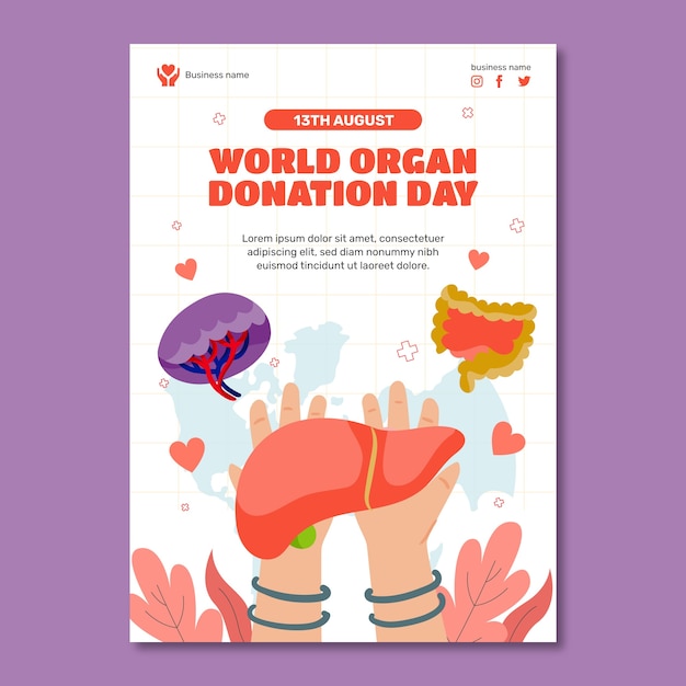Plantilla de póster plano para el día mundial de la donación de órganos