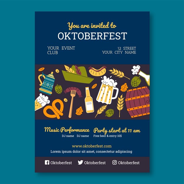 Plantilla de póster plano dibujado a mano de oktoberfest