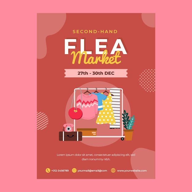 Plantilla de póster plano para evento de mercado de pulgas de segunda mano