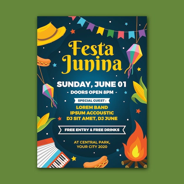 Vector gratuito plantilla de póster plano de festa junina ilustrada