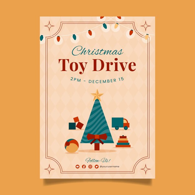 Plantilla de póster plano de recolección de juguetes de navidad