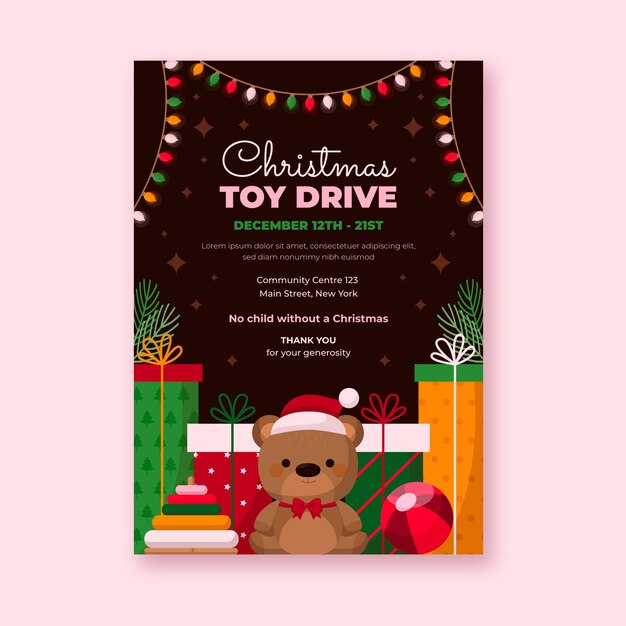 Plantilla de póster plano de recolección de juguetes de navidad
