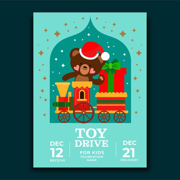 Plantilla de póster plano de recolección de juguetes de navidad