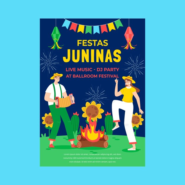 Plantilla de póster plano vertical para la celebración brasileña de festas juninas