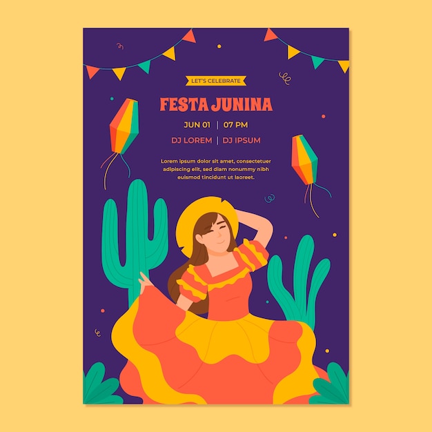 Plantilla de póster plano vertical para la celebración brasileña de festas juninas