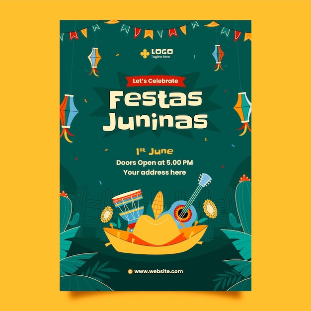 Vector gratuito plantilla de póster plano vertical para la celebración brasileña de festas juninas