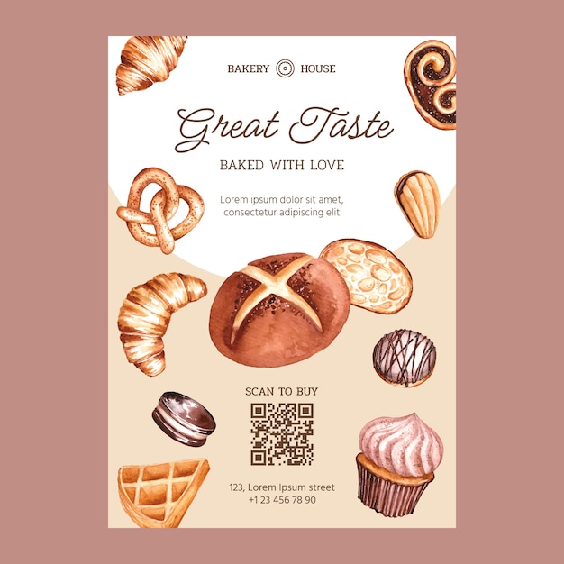 Vector gratuito plantilla de póster de postres de panadería en acuarela