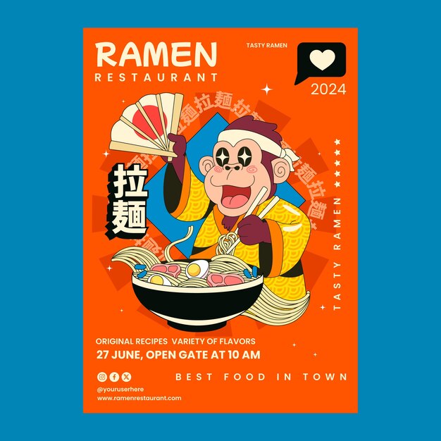 Plantilla de póster de ramen dibujada a mano