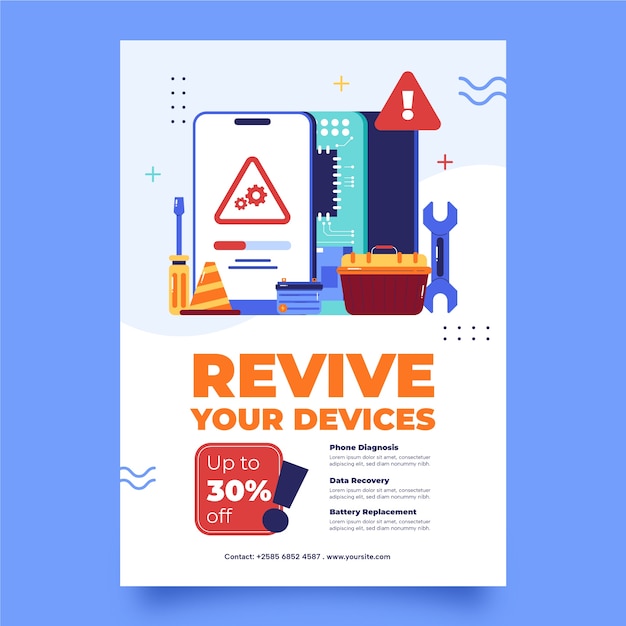 Vector gratuito plantilla de póster de reparación de tecnología de diseño plano