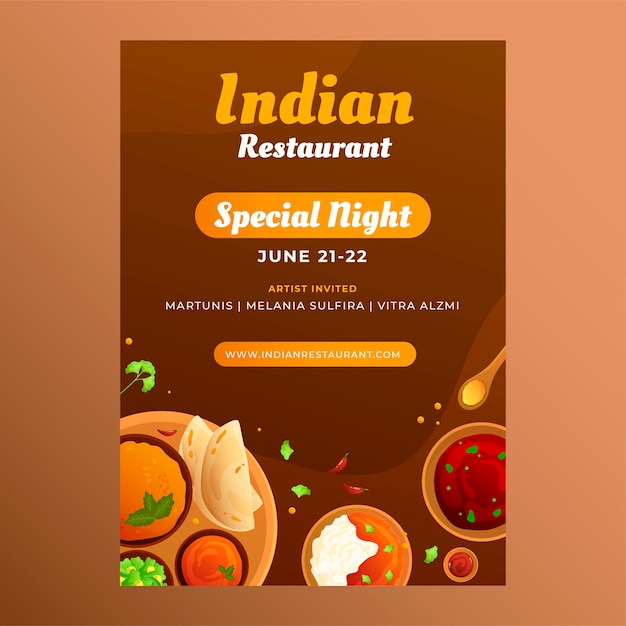 Vector gratuito plantilla de póster de restaurante indio degradado