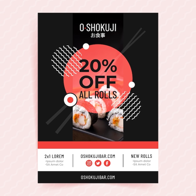 Plantilla de póster de restaurante japonés de diseño plano
