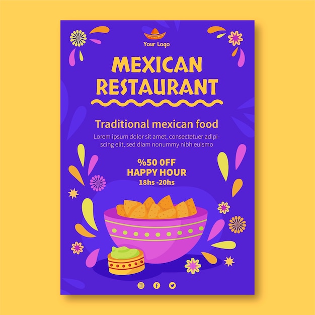 Plantilla de póster de restaurante mexicano de diseño plano