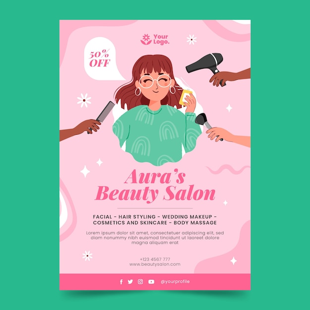 Vector gratuito plantilla de póster de salón de belleza dibujado a mano