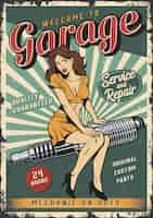 Vector gratuito plantilla de póster de servicio de garaje vintage con pin up girl