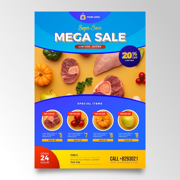 Vector gratuito plantilla de póster de supermercado degradado