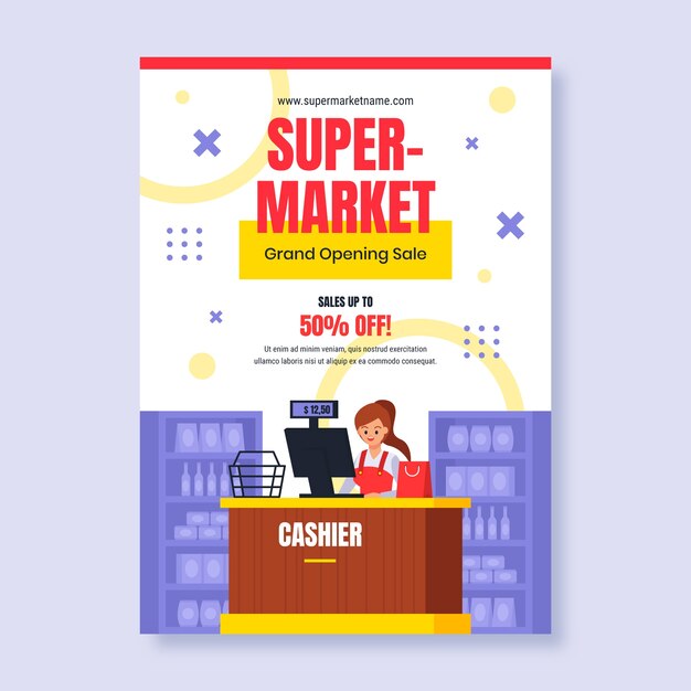 Plantilla de póster de supermercado de diseño plano