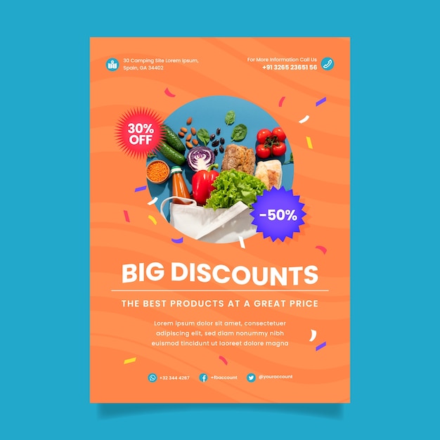 Plantilla de póster de supermercado de diseño plano