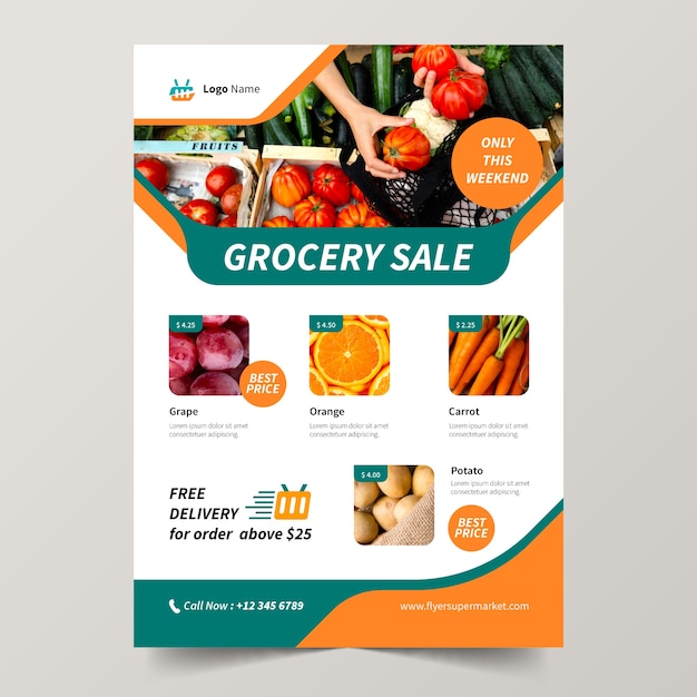 Vector gratuito plantilla de póster de supermercado de diseño plano