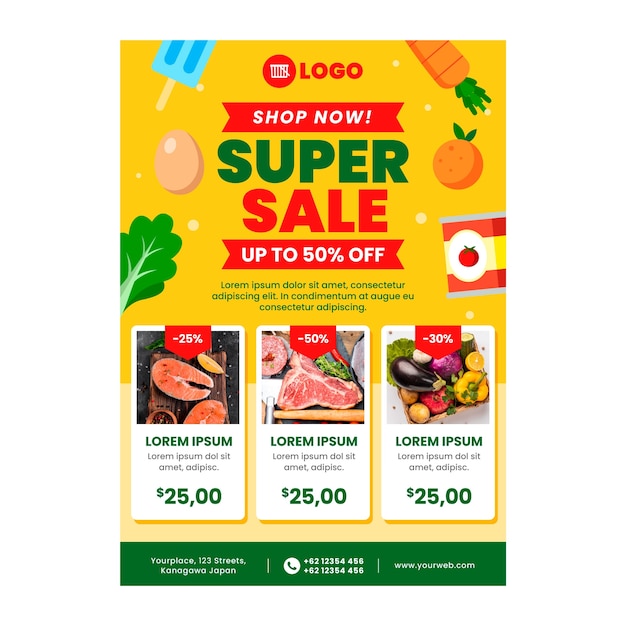 Plantilla de póster de supermercado de diseño plano