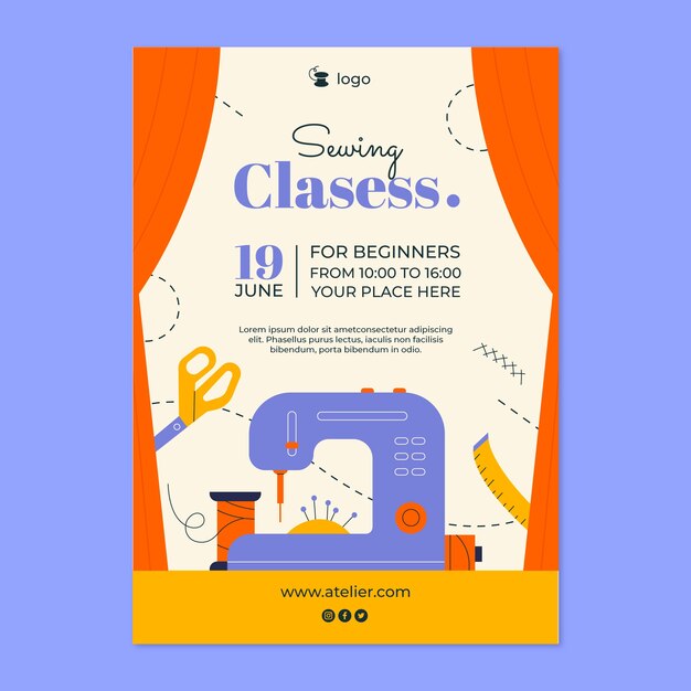 Plantilla de póster de taller de costura dibujado a mano