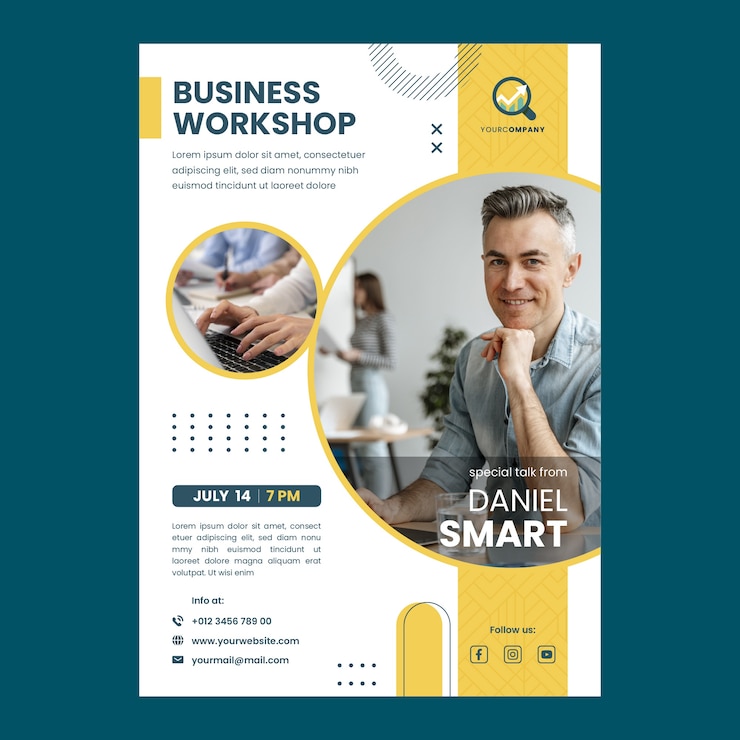 Vector gratuito plantilla de póster de taller de negocios de diseño plano