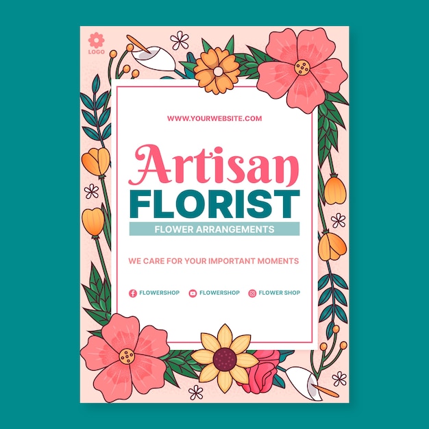 Vector gratuito plantilla de póster de tienda de floristería dibujada a mano