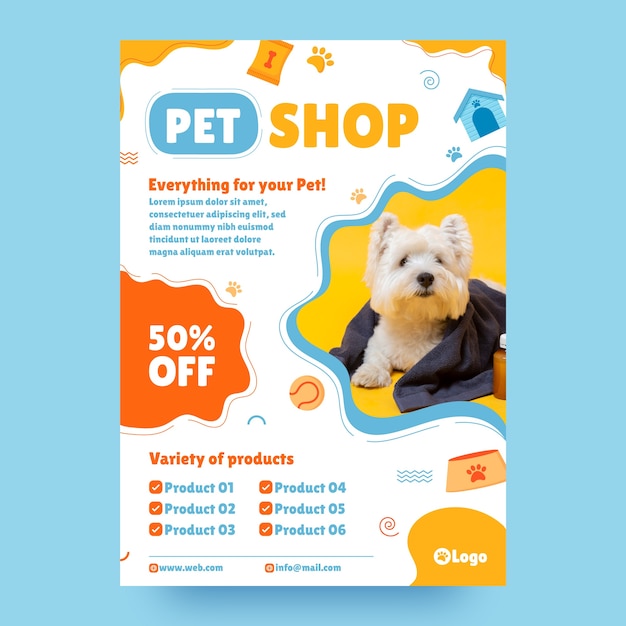 Vector gratuito plantilla de póster de tienda de mascotas dibujada a mano