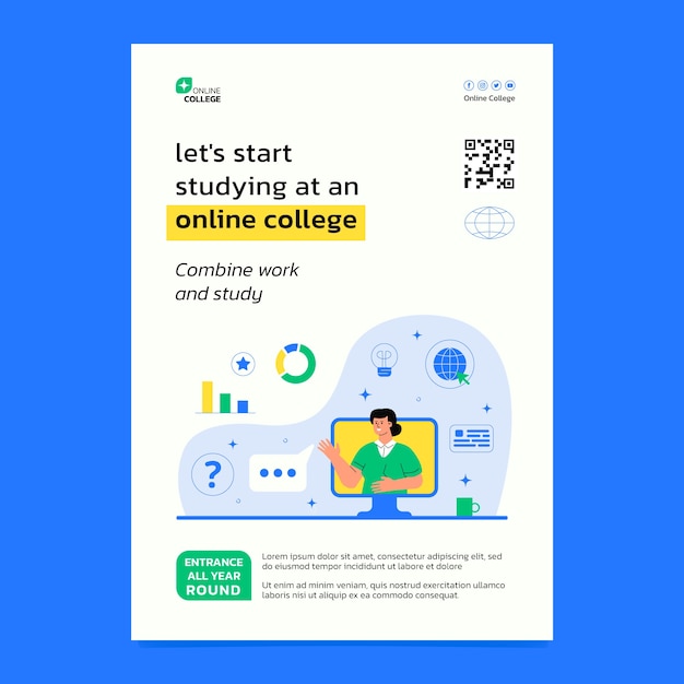 Plantilla de póster de universidad en línea de diseño plano